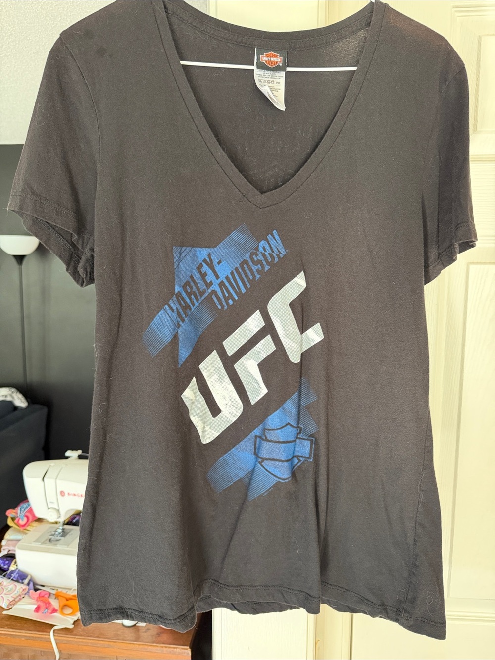 Harley-Davidson Black V-Neck Tee with Blue and White UFC Graphic